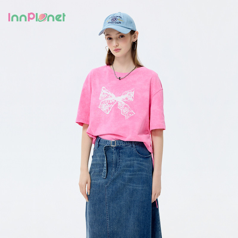 innplanet2026夏新款软核街头风酷感甜美风粉色扎染水洗T恤上衣女