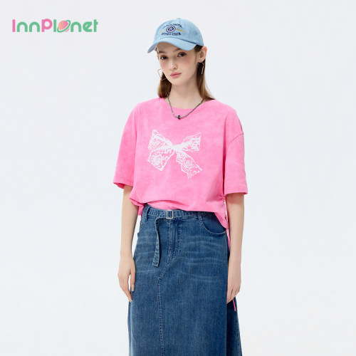 innplanet2026夏新款软核街头风酷感甜美风粉色扎染水洗T恤上衣女