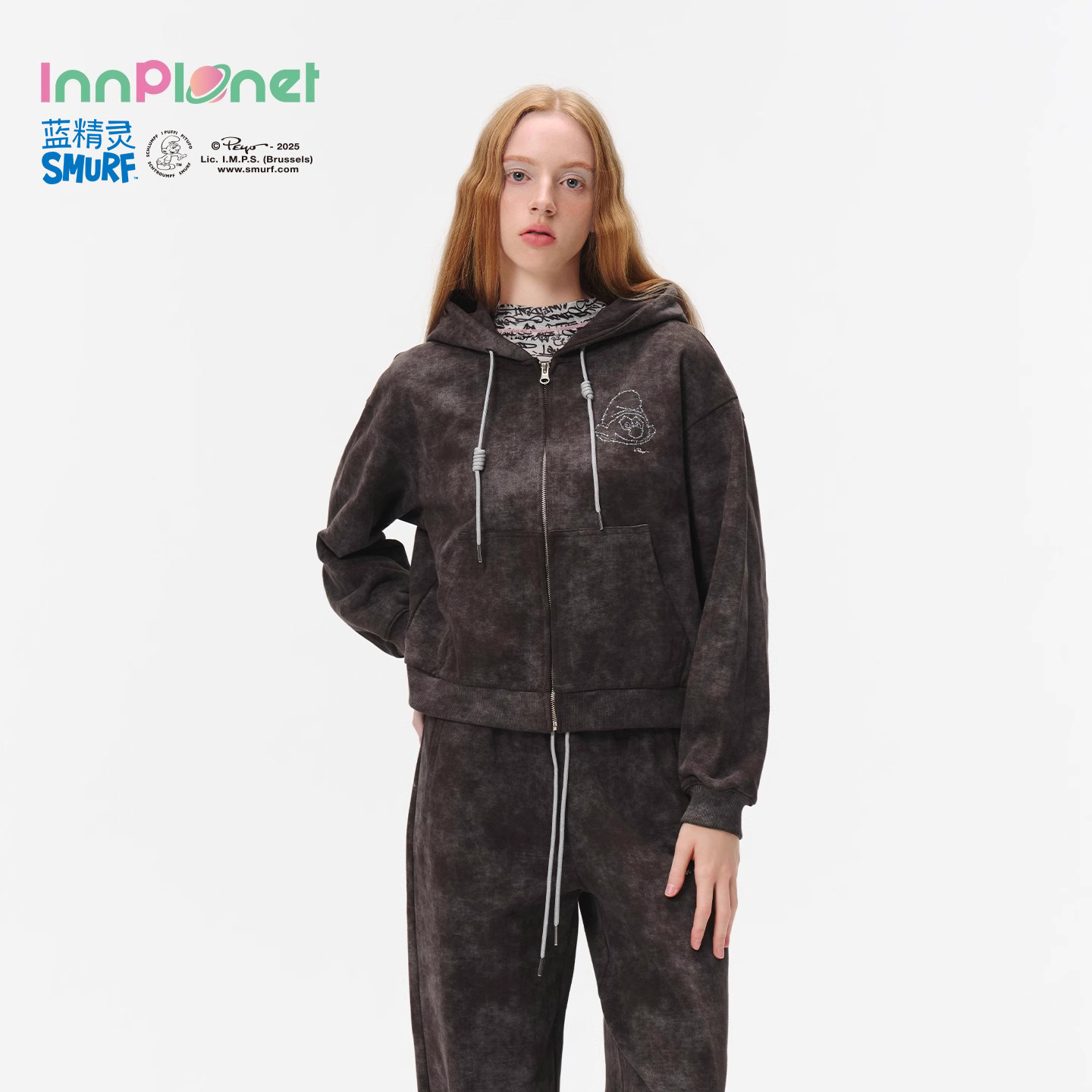 innplanet26春夏新款蓝精灵系列复古全棉刺绣卫衣外套PO31HO822A