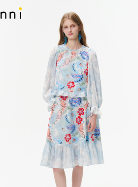 tanni25秋繁花秘境系列复古优雅丝绒印花上衣半裙套装TO31BL011A