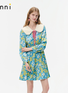 tanni早春新款甜美浪漫风蕾丝娃娃领收腰印花连衣裙TO31DR020A