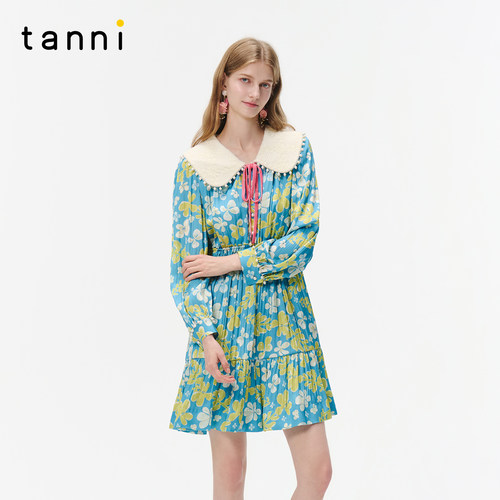tanni夏季新款甜美浪漫风蕾丝娃娃领收腰印花连衣裙TO31DR020A