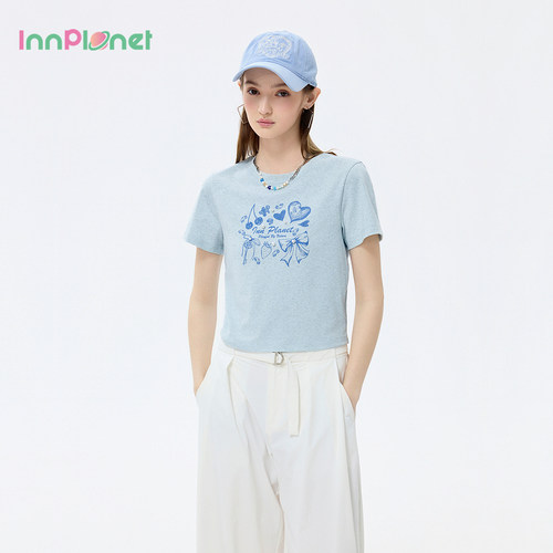 innplanet26夏秋季酷感甜美风浅蓝色蝴蝶结手绘印花短袖上衣T恤女