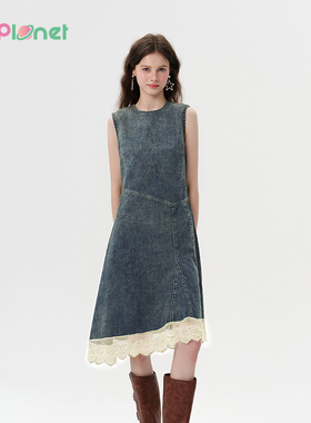 innplanet25秋新款甜酷复古蕾丝拼接无袖牛仔连衣裙女PO11DE102A