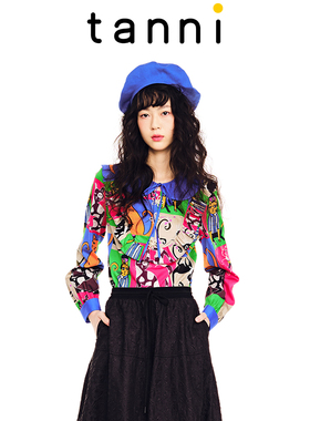 tanni商场同款猫咪印花俏皮可爱可拆卸娃娃领套头衬衫TL11BL003A