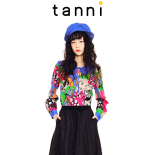 tanni商场同款 TL11BL003A 猫咪印花俏皮可爱可拆卸娃娃领套头衬衫