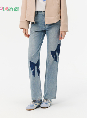 innplanet25秋新款休闲百搭潮流蝴蝶结贴钻直筒牛仔裤PO31DE011A