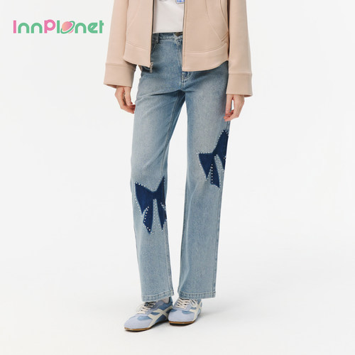 innplanet26春新款休闲百搭潮流蝴蝶结贴钻直筒牛仔裤PO31DE011A