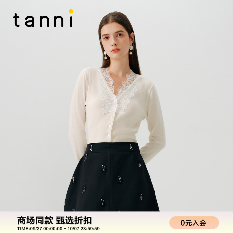 tanni优雅气质蕾丝拼接V领针织衫