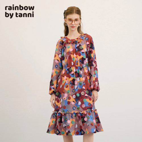 rainbow复古波点圆领拼接连衣裙