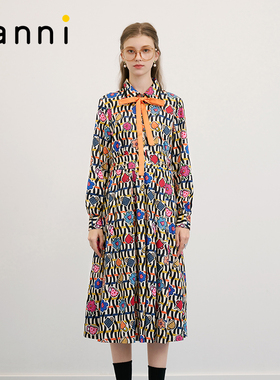 tanni复古气质收腰捏褶设计感印花长款衬衫连衣裙女TM31DR087A