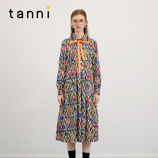 衬衫 复古气质收腰捏褶设计感印花长款 裙TM31DR087A 款 tanni25秋季