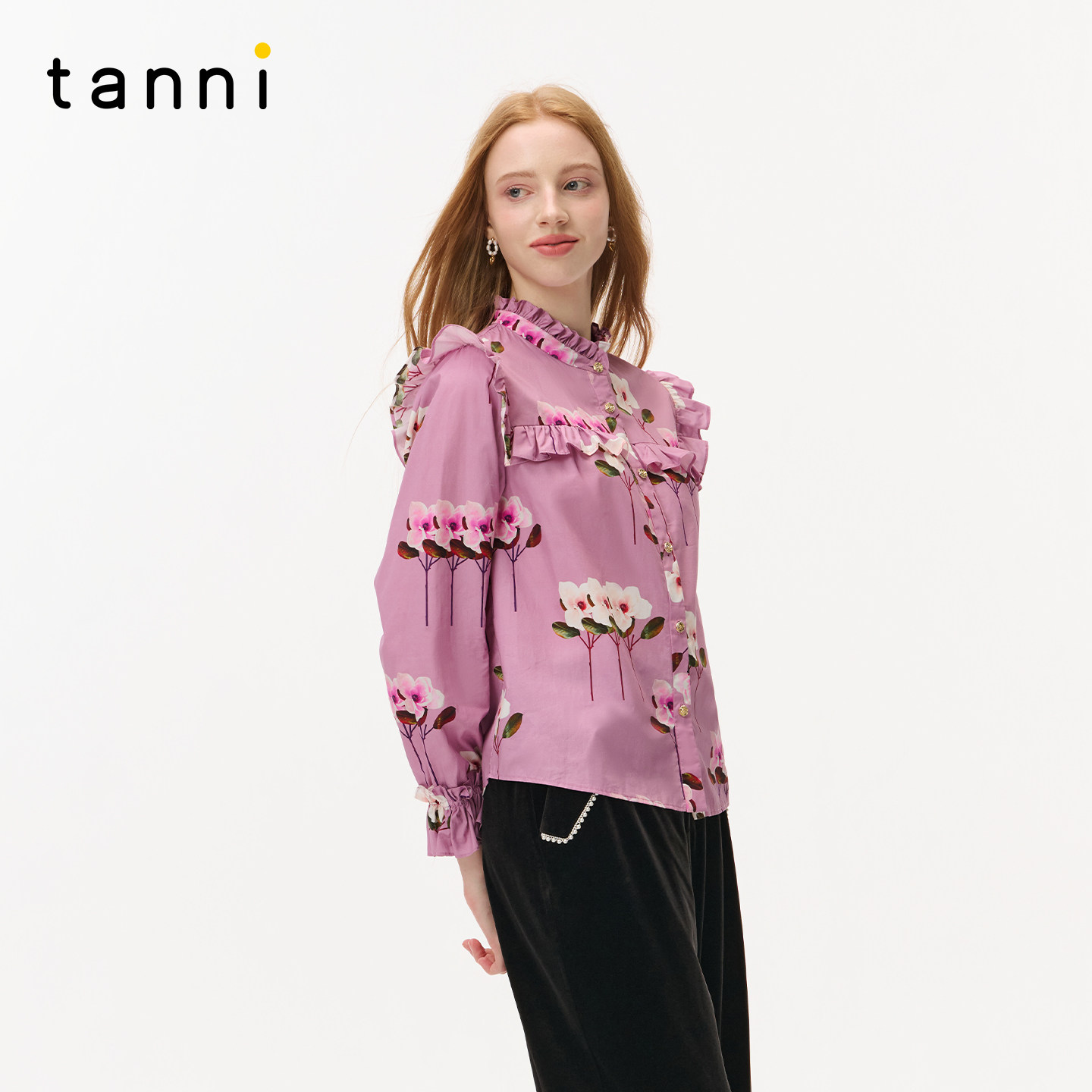 tanni新款浪漫淡雅通勤风纯棉木耳边花卉印花衬衫上衣TO31SH020A