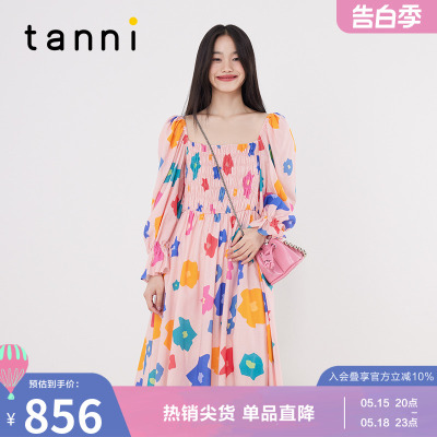 tanni甜美纯棉方领中长款连衣裙