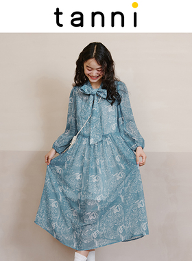 tanni欧美复古印花蝴蝶结连衣裙秋新品收腰中长裙TL31DR043A