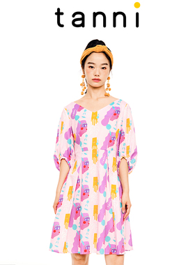 tanni款新品纯棉显瘦花色小X型泡泡袖淡雅简约连衣裙TL11DR205A