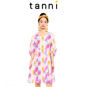 tanni纯棉显瘦花色小X型泡泡袖淡雅简约印花连衣裙女TL11DR205A
