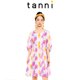 淡雅简约连衣裙TL11DR205A 纯棉显瘦花色小X型泡泡袖 tanni款 新品