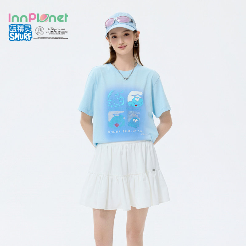 innplanet26夏季蓝精灵联名童趣波普风蓝色渐变印花短袖T恤上衣女