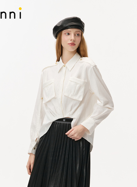 tanni25秋冬新款通勤简约白色肌理工装口袋抽绳衬衫TO31SH012A
