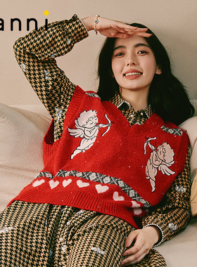 tanni冬季新品学院风V领休闲运动毛衣无袖提花针织背心TL31KN038A