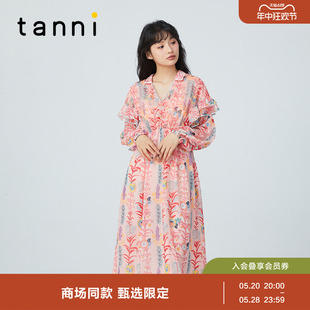 甜美收腰连衣裙V领TI11DR170A tanni明星商场同款 印花长袖