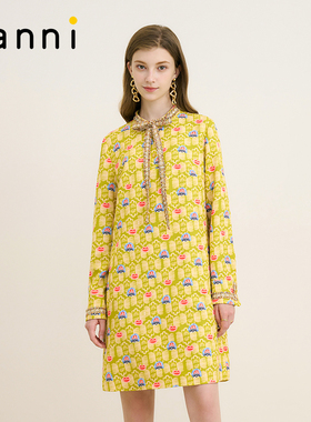 tanni2025秋款优雅复古撞色系带印花百搭显瘦连衣裙女TM31DR042A