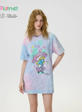 innplanet25秋新款蓝精灵联名扎染印花宽松休闲显瘦T恤PO11TS843A