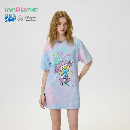 innplanet25秋新款蓝精灵联名扎染印花宽松休闲显瘦T恤PO11TS843A