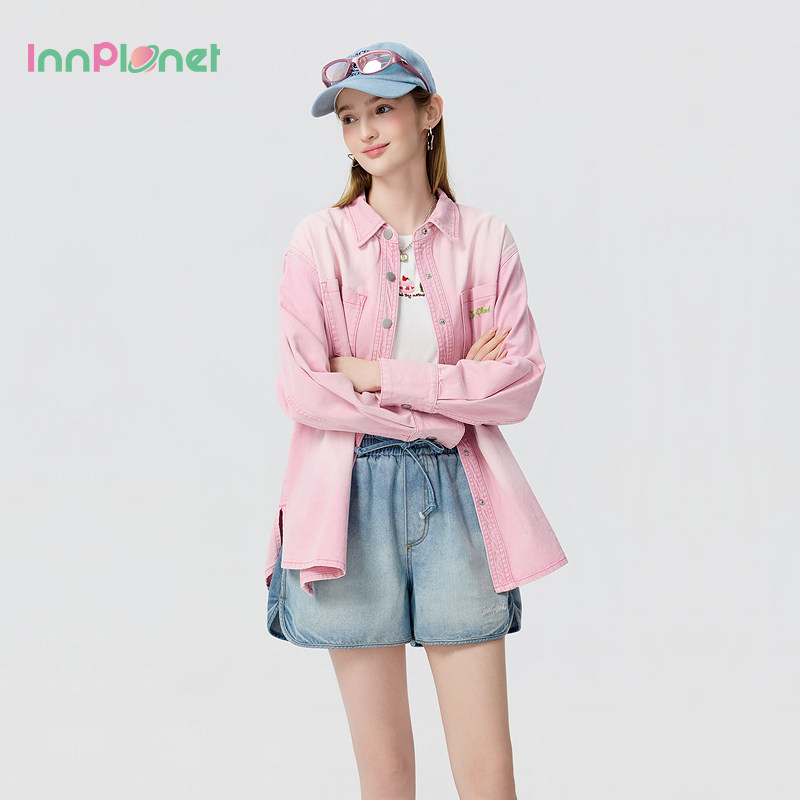 innplanet2026夏新款蓝精灵系列全棉粉色牛仔衬衫外套PP11SH821A