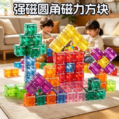 圆角透明磁力方块便携拼搭磁吸几何积木颗粒儿童早教启蒙思维玩具