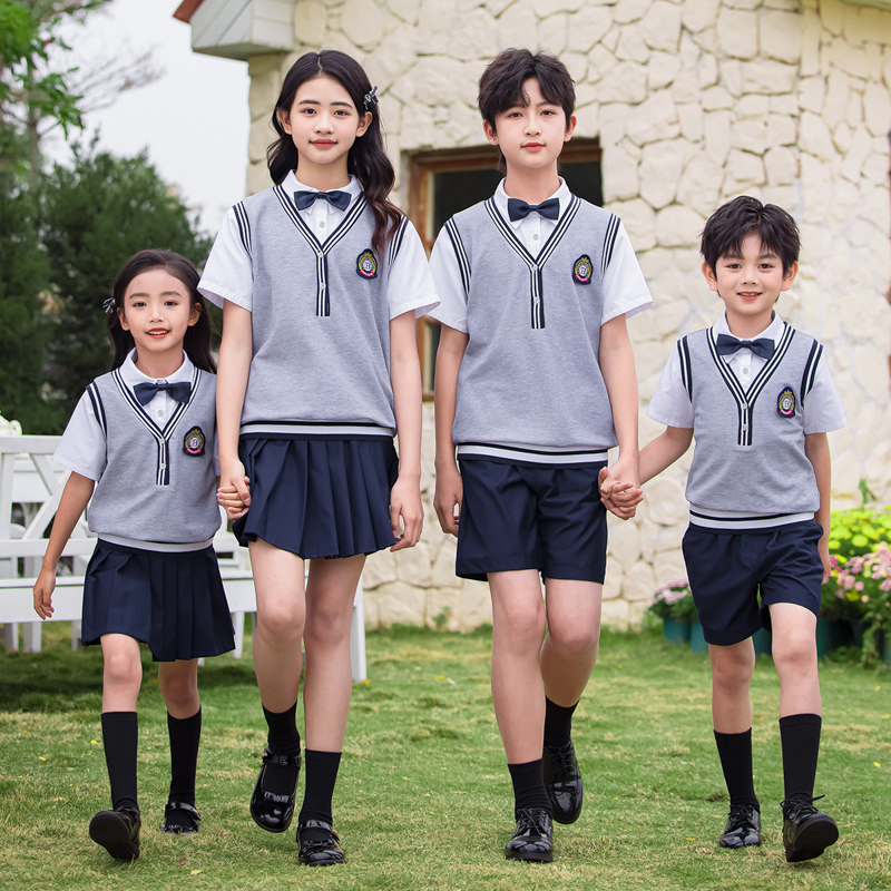 白色校服套装毕业班班服小学生夏季短袖纯棉幼儿园园服英伦学院风