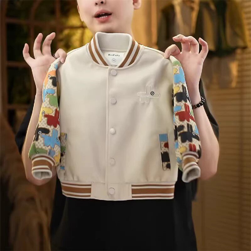 2026春季新款儿童男童女童拼接设计洋气皮衣棒球服夹克外套上衣