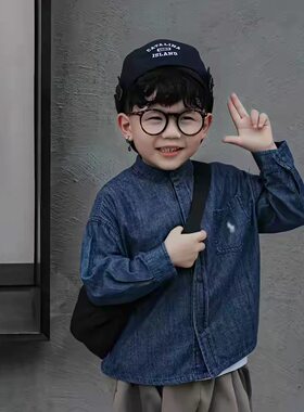 儿童牛仔衬衫2026春男童日系潮牌立领衬衣宝宝小童简约纯色薄外套
