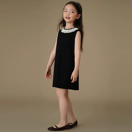 卡布鲁童装夏季儿童花边领黑色针织背心裙女童无袖连衣裙简约洋气