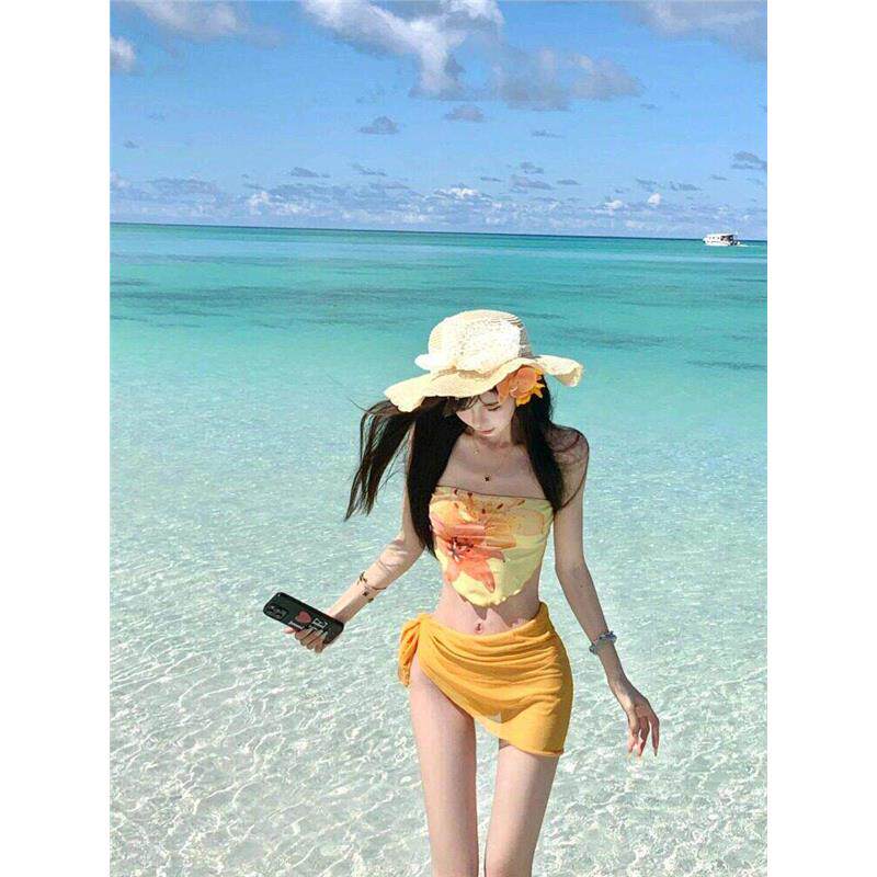 度假氛围感抹胸比基尼带纱裙套装女士显白夏天小胸聚拢性感辣妹韩