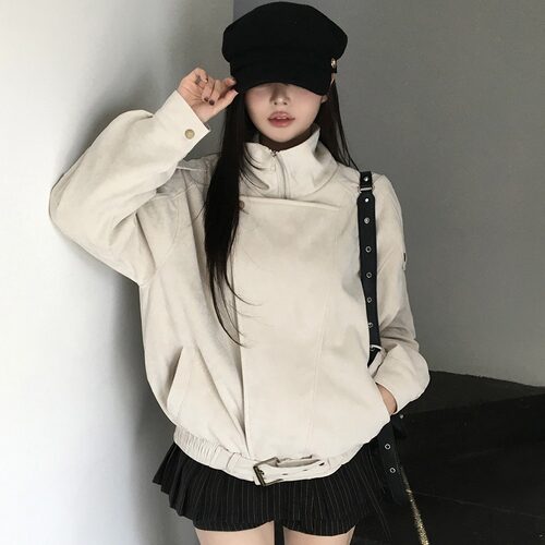 2026韩系宽松高领双排扣拉链麂皮夹克外套女落肩复古短款机车服秋