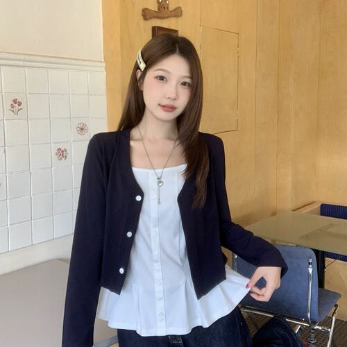 实拍大码假两件针织衫外套女新款早秋韩版温柔风上衣开衫8076