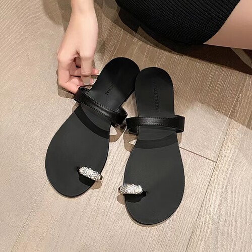 【小二推荐】真皮水钻夹脚拖鞋女