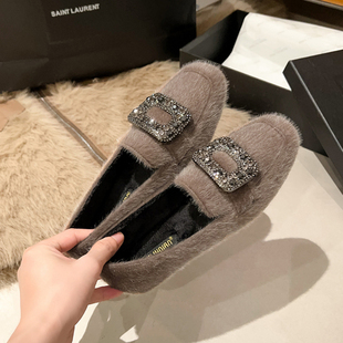 2025新款水钻方扣毛毛鞋女平底乐福鞋秋冬季外穿加绒保暖软底单鞋