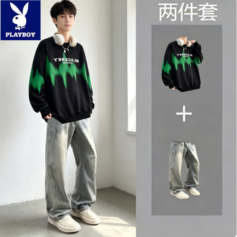 花花公子正品T恤套装牛仔裤潮牌