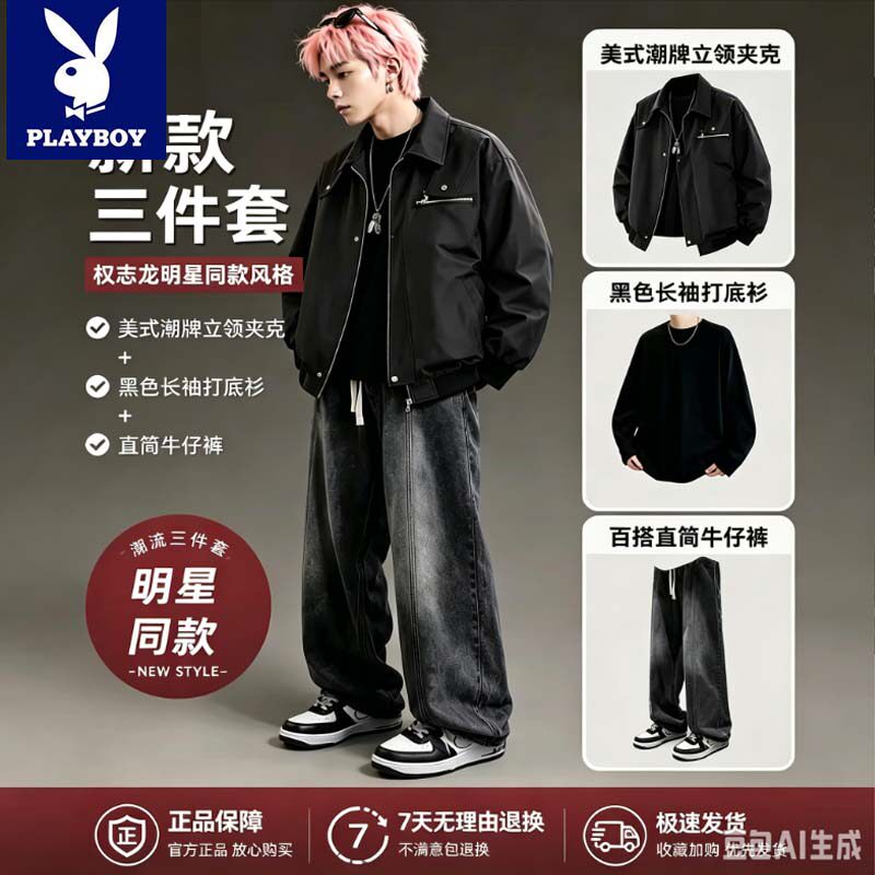 花花公子正品夹克外套牛仔裤套装