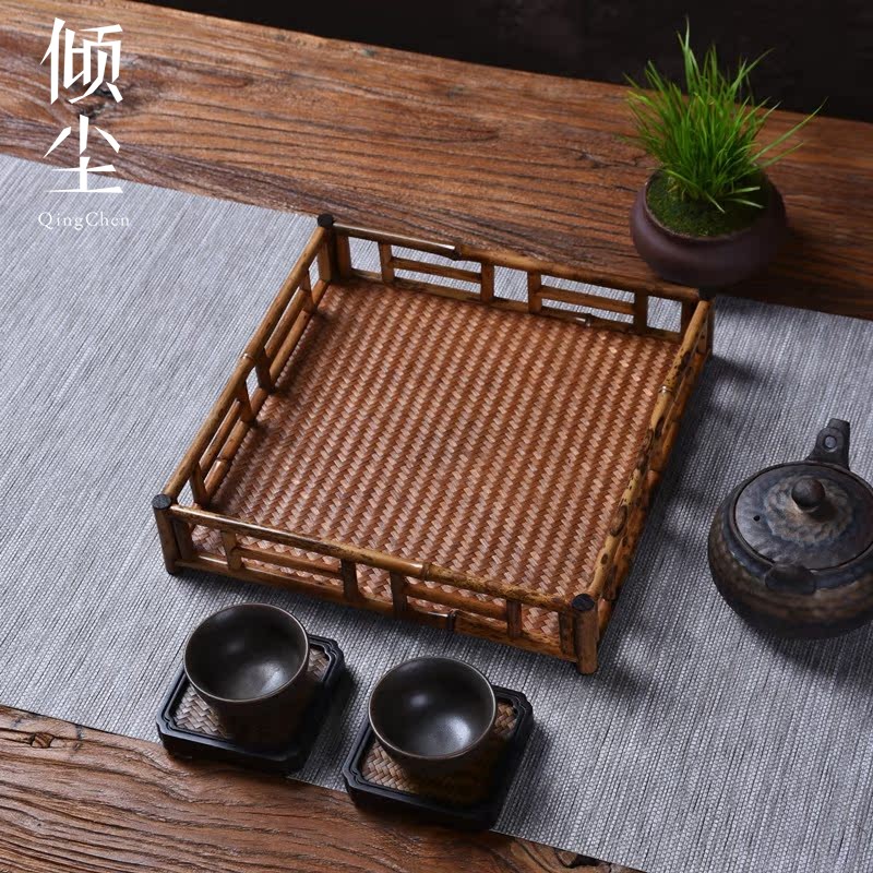 梅鹿竹收纳架展示盘 干泡竹茶台 斑竹收纳框纯手工茶具文房收纳盘