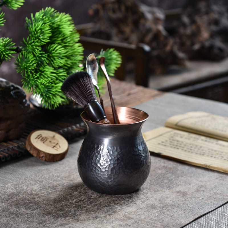 简素手工纯铜收纳筒锤纹紫铜茶筒茶道六君子茶具茶刀茶夹文房