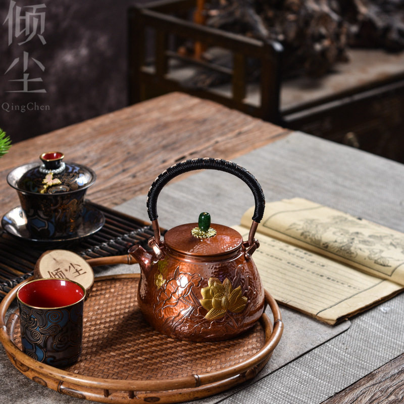 500cc金色雨荷 手工錾刻 一张打纯铜壶提梁紫铜壶 烧水泡茶带过滤
