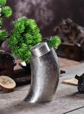 纯锡牛角形茶叶罐 足锡茶仓 纯手工捶打纹理 双盖密封茶叶筒 极简