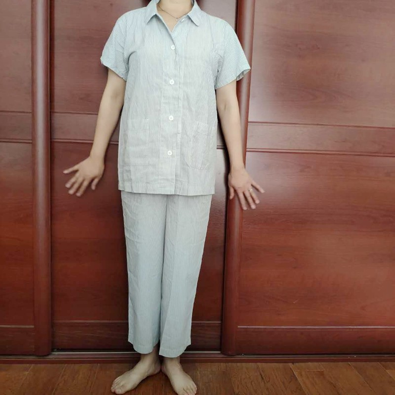 外贸新款九分裤日单夏薄型精梳棉牙签条阔腿无侧缝女短袖睡衣套
