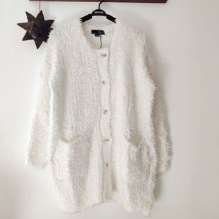 春秋款纯白色圆领松垮时尚毛圈棒针衫百搭宽松慵懒长袖女毛衣侧开