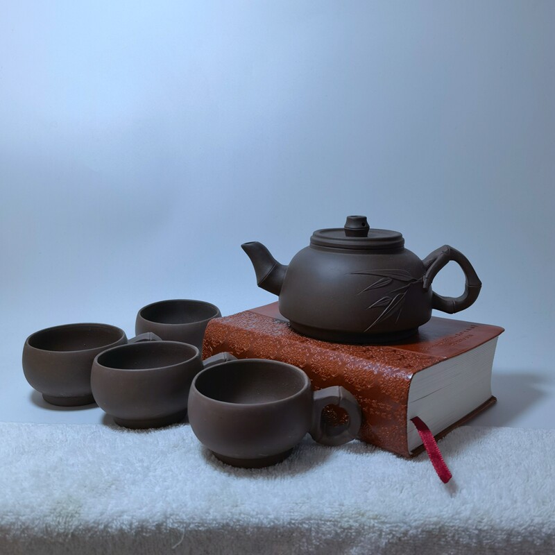 宜兴紫砂茶壶80年代二厂早期老货库存330cc5件套光明竹节套壶原矿