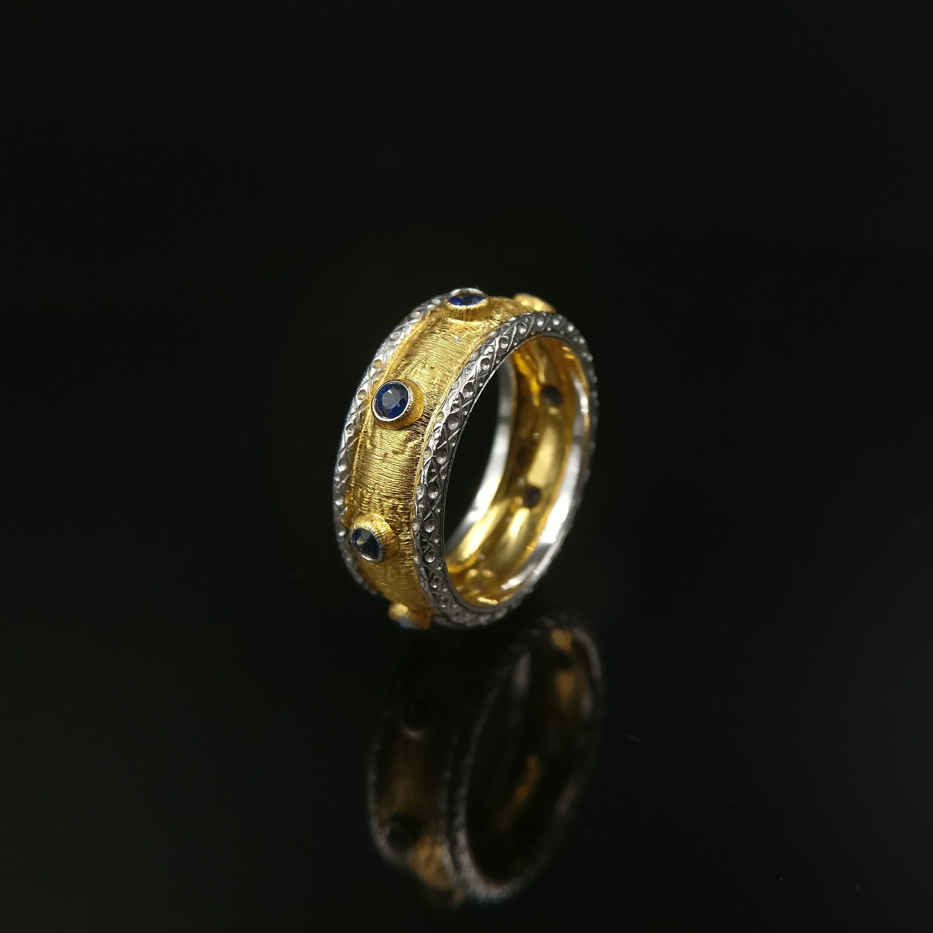 朱太太珠宝18k黄金白金布契拉提小蓝宝石戒指意大利复古拉丝工艺